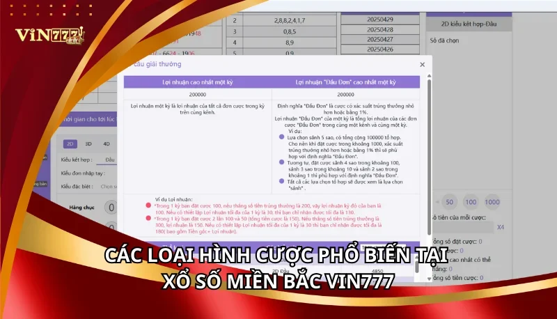 Các loại hình cược phổ biến tại Xổ số miền Bắc Vin777